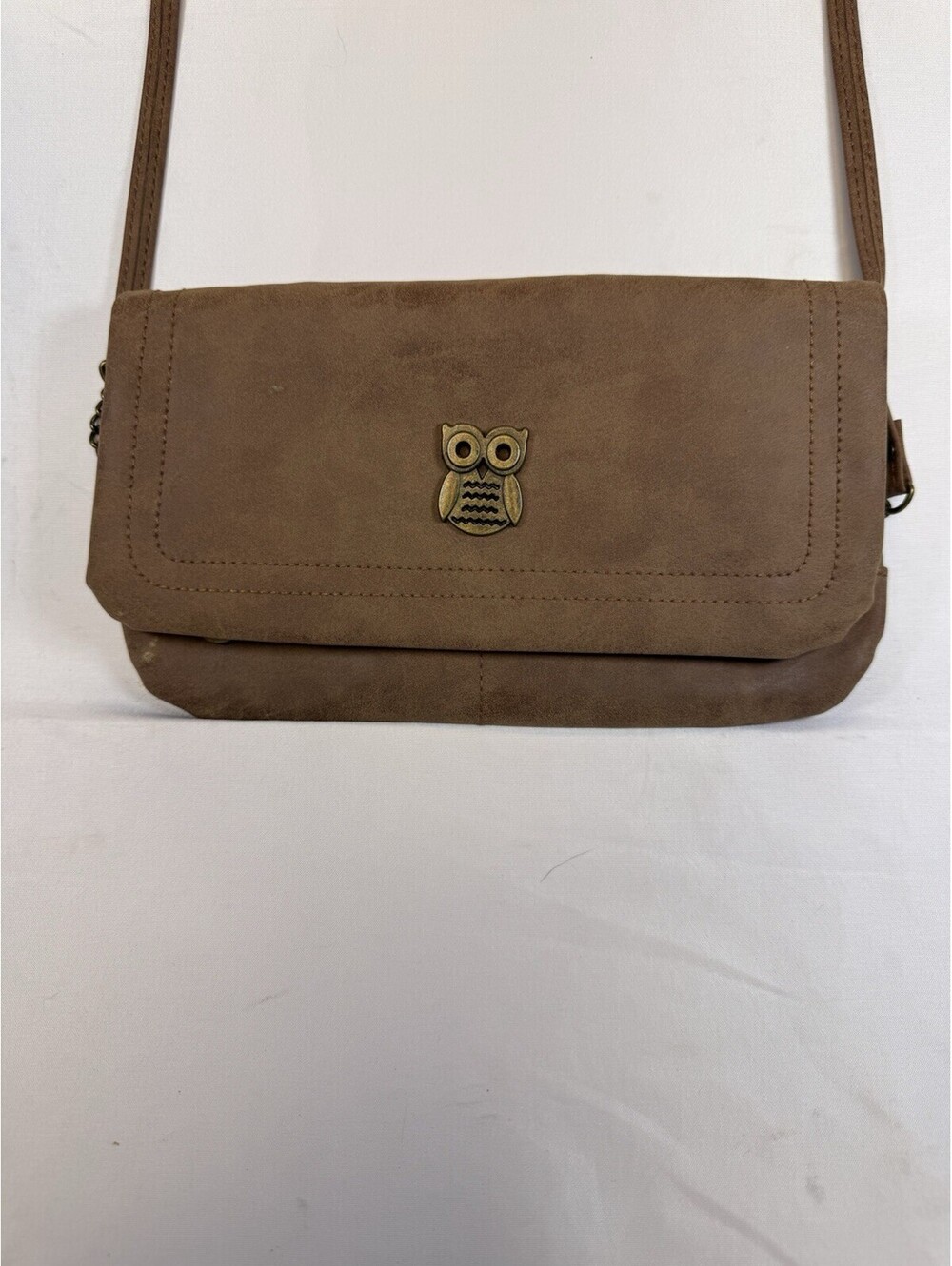 Owl Handbag Brown Cross Body Clutch Purse W/ Owl Accent Faux Leather Small Lined